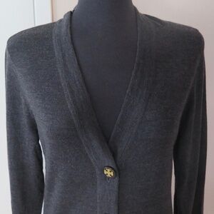Heather Grey Tory Burch Merino Cardigan, Gold Logo Buttons